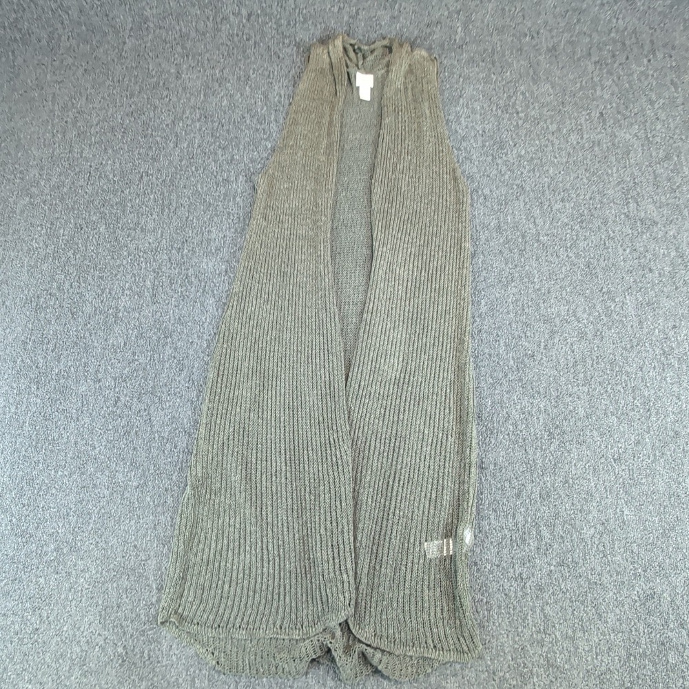 Chicos Coastal Longline Open Knit Vest Womens 1 M Green Linen Blend Duster